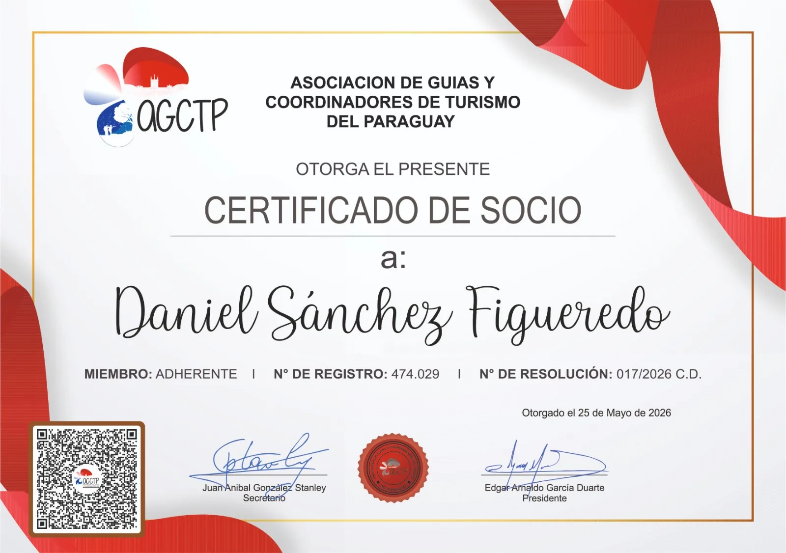 SOCIO ASOCIACION DE GUIAS Y COORDINADORES DE TURISMO DEL PARAGUAY